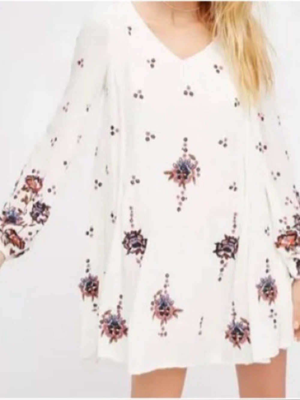 Free People Emma Oxford Mini Swing Dress Boho Embroidered Floral Cream Womens S